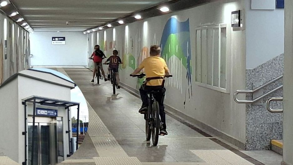 Przejście podziemne dworca kolejowego w Oświęcimiu to także przeprawa rowerowa dla mieszkańców Brzezinki, korzystających z wind