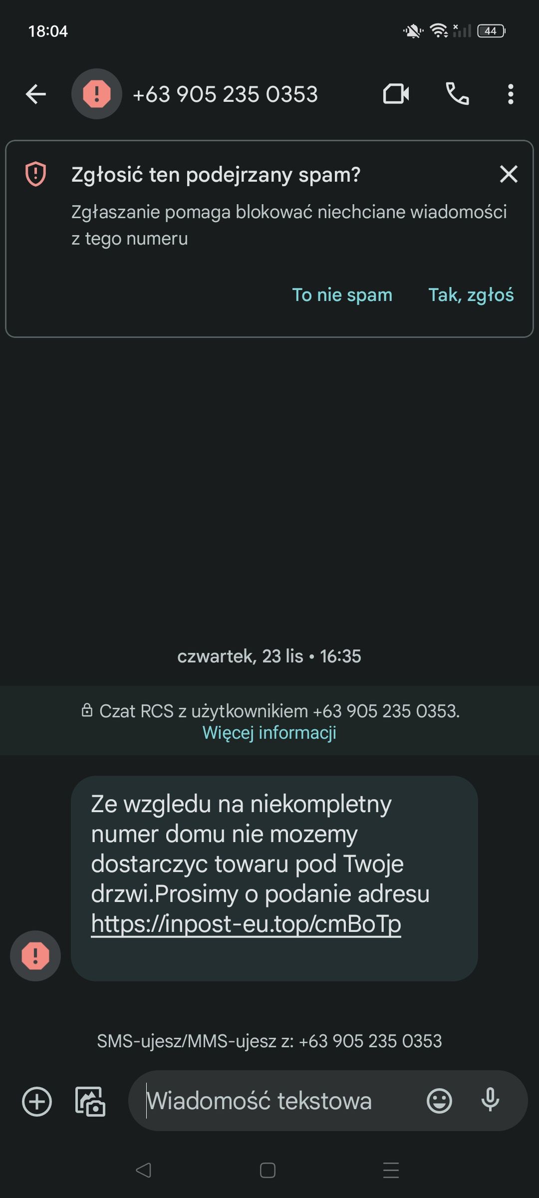 Przykładowy, fałszywy SMS
