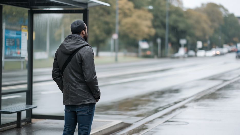 bus stop, rain, drizzle, waiting, person, public transport, city, urban, gray sky, overcast, weather, travel, commute, people, standing, casual wear, jacket, hoodie, quiet, reflection, sidewalk, city life, transportation, evening, daytime, metropolitan, waiting area, melancholy, moody, cloudy, urban environment, environment, soft rain, wet pavement, parked bus, journey, transport, community, leisure, patience, solitude, humans, posture