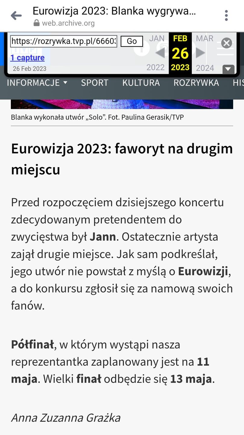 Tekst o zwycięstwie Blanki opublikowano jeszcze przed preselekcjami do Eurowizji?