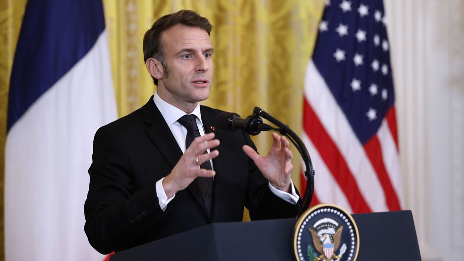 WASHINGTON, DC - FEBRUARY 24: French President Emmanuel Macron answers a reporter's question during a news conference with U.S. President Donald Trump in the East Room of the White House on February 24, 2025 in Washington, DC. Macron is meeting with Trump in Washington on the third anniversary of Russia's full-scale military invasion of Ukraine. (Photo by Chip Somodevilla/Getty Images)