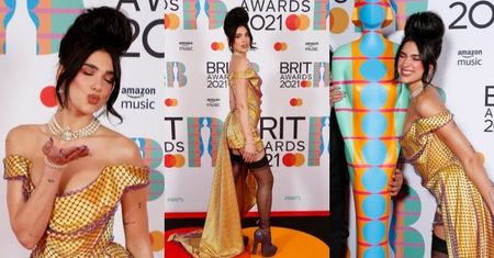 Brit Awards 2021. Dua Lipa flirtuje z obiektywami w pończochach i z gigantycznym kokiem (ZDJĘCIA)