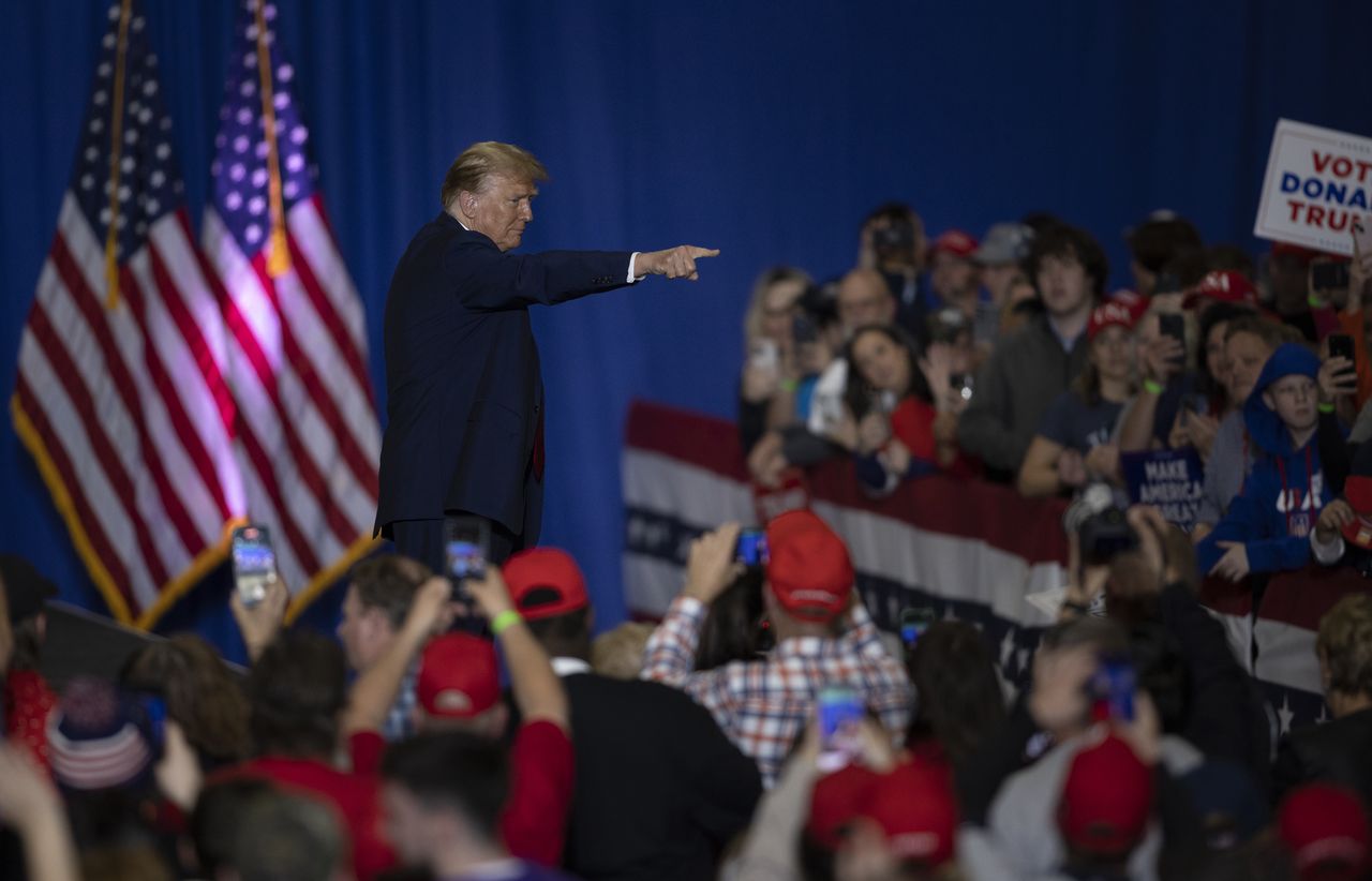 GREENSBORO, NC - MARCH 2: Republican presidential candidate former President Donald Trump interacts with the crowd during a rally at the Greensboro Coliseum, in Greensboro, NC on Saturday, March 2, 2024. (Photo by Scott Muthersbaugh for The Washington Post via Getty Images)