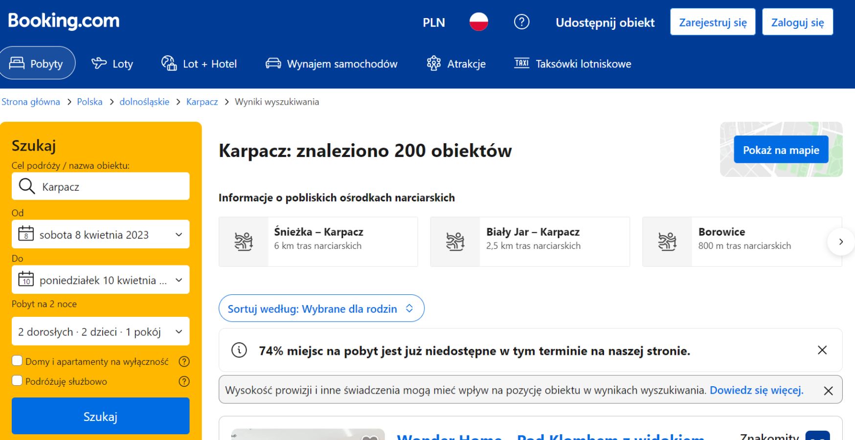 W Karpaczu zajętych jest 74 proc. miejsc noclegowych