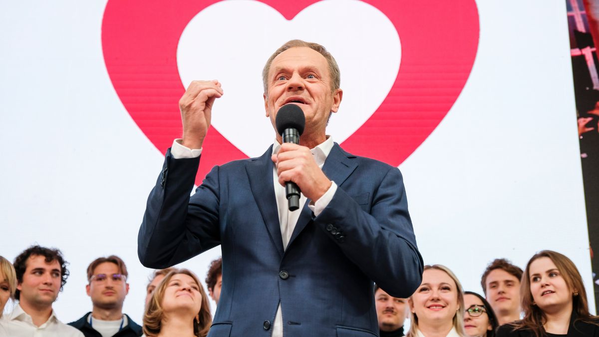 Donald Tusk, former president of the European Union (EU) and leader of the Civic Coalition, speaks during an election night rally at the party headquarters in Warsaw, Poland, on Sunday, Oct. 15, 2023. Poland's opposition is on track for a majority in Sunday's election, an exit poll showed, an upset that would deny the ruling nationalists a third term and steer the country back into the European mainstream. Photographer: Damian Lemanski/Bloomberg via Getty Images