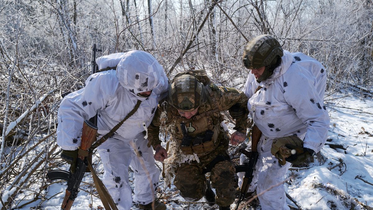 DONETSK REGION, UKRAINE - FEBRUARY 18: New recruits of the Ukrainian Armed Forces, all former convicts who served prison sentences before signing a contract, are training to provide first aid following FPV kamikaze drone attacks on February 18, 2025 in Donetsk Region, Ukraine. They will be deployed to the frontline. U.S. and Russian officials begin negotiations on the war in Ukraine in Saudi Arabia, excluding Ukrainian and European representatives. The Donbas War began in April 2014 after a coup by Russia-backed mercenaries in the city of Donetsk and Sloviansk in eastern Ukraine. The confrontation between an expansionist Russia and Ukraine aspiring to consolidate its independence has laid waste to the Donbas and Russification has been brutally imposed on the six million mostly Russian-speaking inhabitants. (Photo by Pierre Crom/Getty Images)