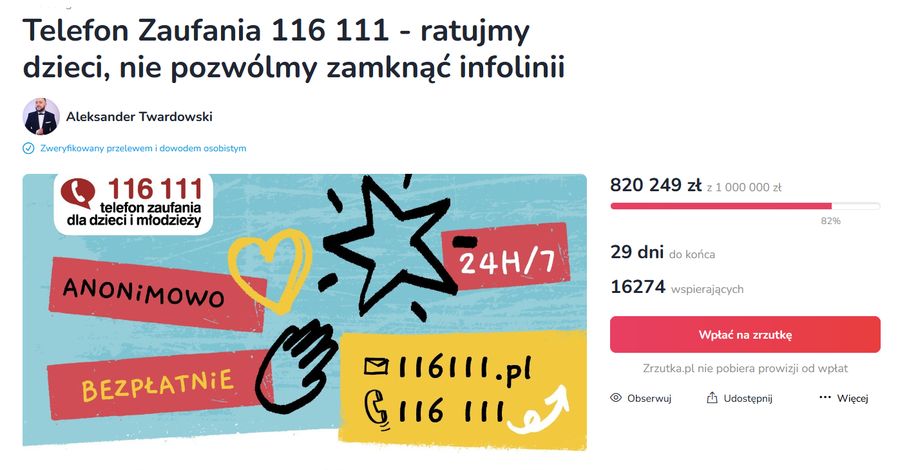 Zrzutka na Telefon zaufania dla dzieci i młodzieży, 116 111