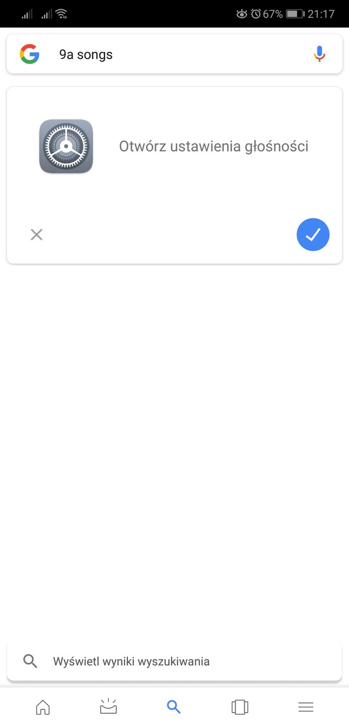 Fraza "9a songs" w Androidzie 8.1 (Huawei P20) powoduje wyświetlenie skrótu do ustawień głośności.