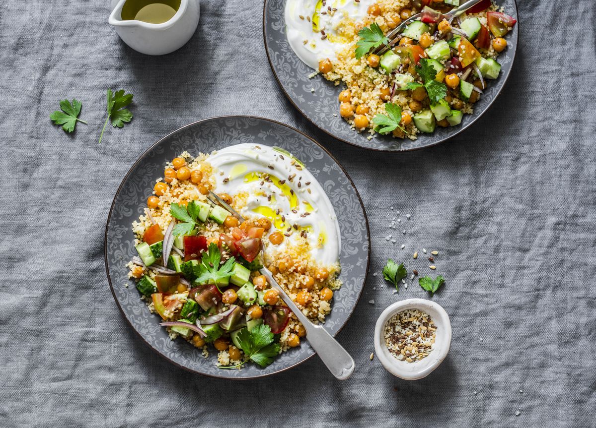 Spiced chickpeas and couscous with shepherd's salad and greek yogurt 