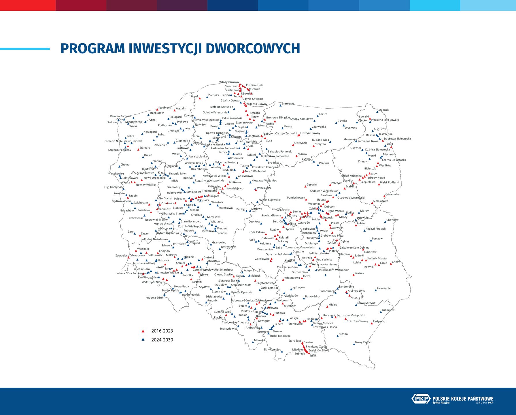 Mapa zmodernizowanych obiektów w ramach PID (na niebiesko) oraz przeznaczonych do odnowienia (na czerwono)