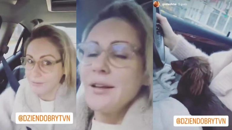 Małgorzata Ohme prowadzi z telefonem w ręce i psem na kolanach