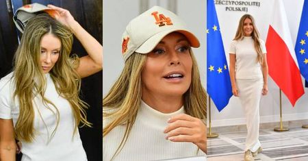 Małgorzata Rozenek PARADUJE przed siedzibą Senatu w bejsbolówce. Wzięła udział w spotkaniu o zdrowiu psychicznym młodych ludzi