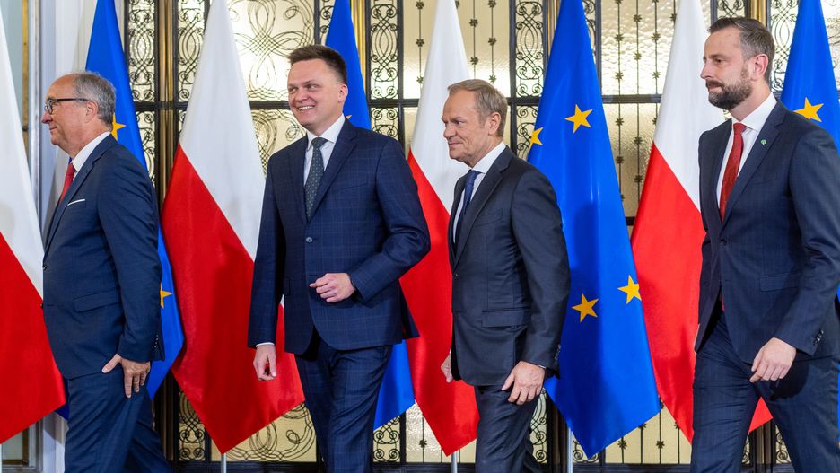 Opposition party leaders Wlodzimierz Czarzasty one of the leaders of the New Left (L) party, leader of the Poland 2050 party, Szymon Holownia (2nd L) , leader of the Civic Coalition (KO), Donald Tusk (2nd R) and leader of the Polish People's Party (PSL), Wladyslaw Kosiniak Kamysz (R) while making a statement to the press in which they declare their willingness to cooperate and take over coalition rule in Poland. The opposition's joint candidate for future prime minister is Donald Tusk , in Warsaw, Poland, October 24, 2023.
POLAND OUT

POLAND OUT
 (Photo by Andrzej Iwanczuk/NurPhoto via Getty Images)