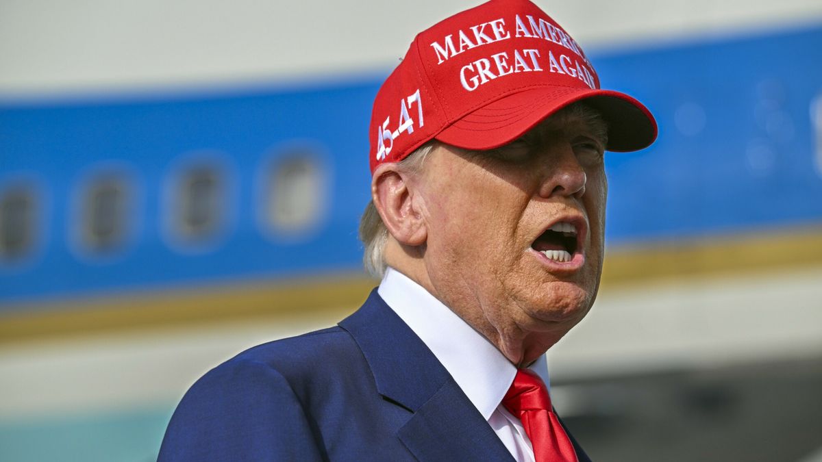Temporary
President Donald Trump speaks to reporters after landing at Palm Beach International Airport in West Palm Beach, Fla ., Sunday, Feb. 16, 2025, after attending the NASCAR Daytona 500 race (Pool via AP)
