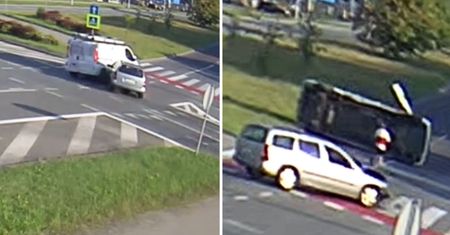 Groźny wypadek na rondzie. Bus przewrócił się na bok