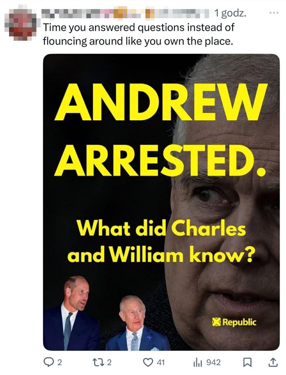 Zamieszanie wokół reakcji royalsów na zatrzymanie Andrzeja