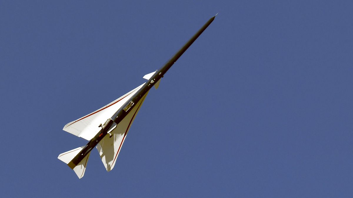 PALMDALE, CALIFORNIA - October 28:  Lockheed Martin X-59 Quesst Supersonic Test Jet takes to the air outside Palmdale Air Force base on October 28, 2025 in PALMDALE, CALIFORNIA. NASA made its first test flight of an experimental aircraft designed to break the sound barrier with little noise.  (Photo by Nick Ut/Getty Images)