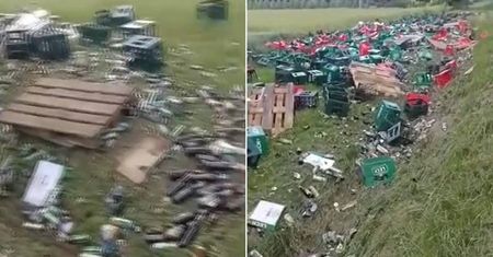 Ciężarówka przewożąca piwa przewróciła się na drodze krajowej 17. Setki butelek rozbitych