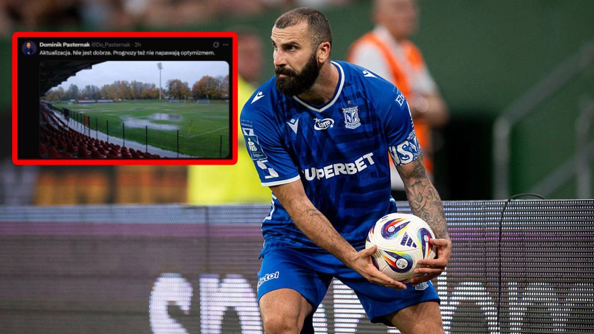 Getty Images / Mateusz Słodkowski / Mikael Ishak / wpis Dominik Pasternak z X-a, na którym widać murawę stadionu w Słupsku, gdzie mecz ma rozegrać Lech