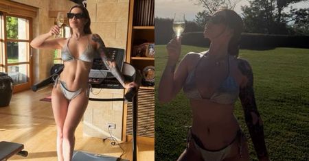 Ewelina Lisowska w złotym bikini i z kieliszkiem w ręku pozuje na bieżni. Też tak ćwiczycie? (ZDJĘCIA)