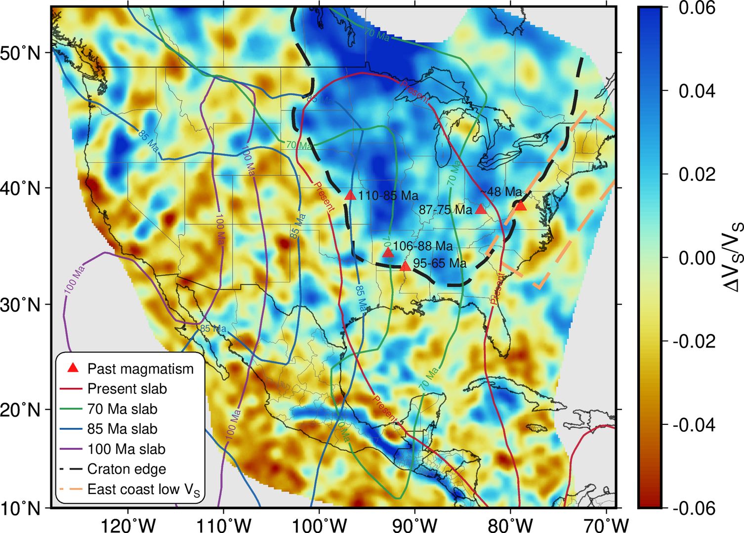 Fale sejsmiczne przechodzą przez różne cechy geologiczne z różnymi prędkościami. Ta mapa pokazuje prędkość sejsmiczną w skorupie ziemskiej na głębokości 200 kilometrów w kontynentalnych Stanach Zjednoczonych i częściach Ameryki Środkowej i Kanady. Północnoamerykański kraton (zarysowany w czarnych kreskach) ma wysoką prędkość sejsmiczną w porównaniu do otoczenia.