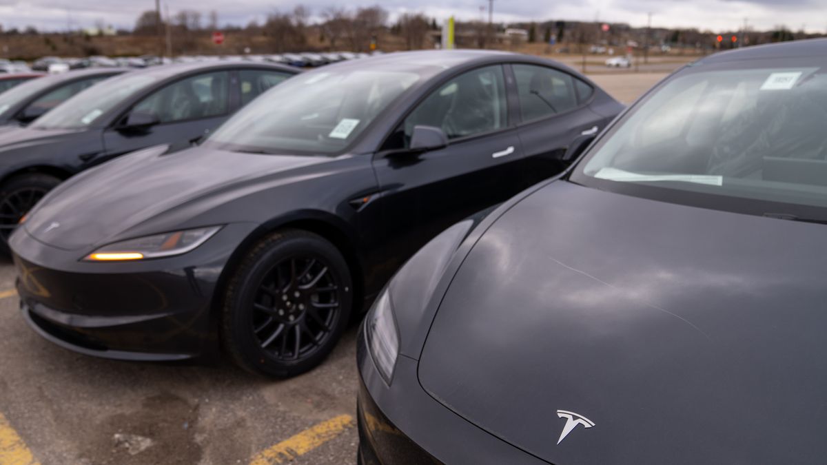 HAMILTON, CANADA - MARCH 20: A row of Tesla vehicles with scratched hoods sitting in a parking lot on March 20, 2025 in Hamilton, Canada. 80 Teslas were damaged at the Hamilton dealership, making it the largest car vandalism reported in Canada against the U.S. company. (Photo by Katherine KY Cheng/Getty Images)