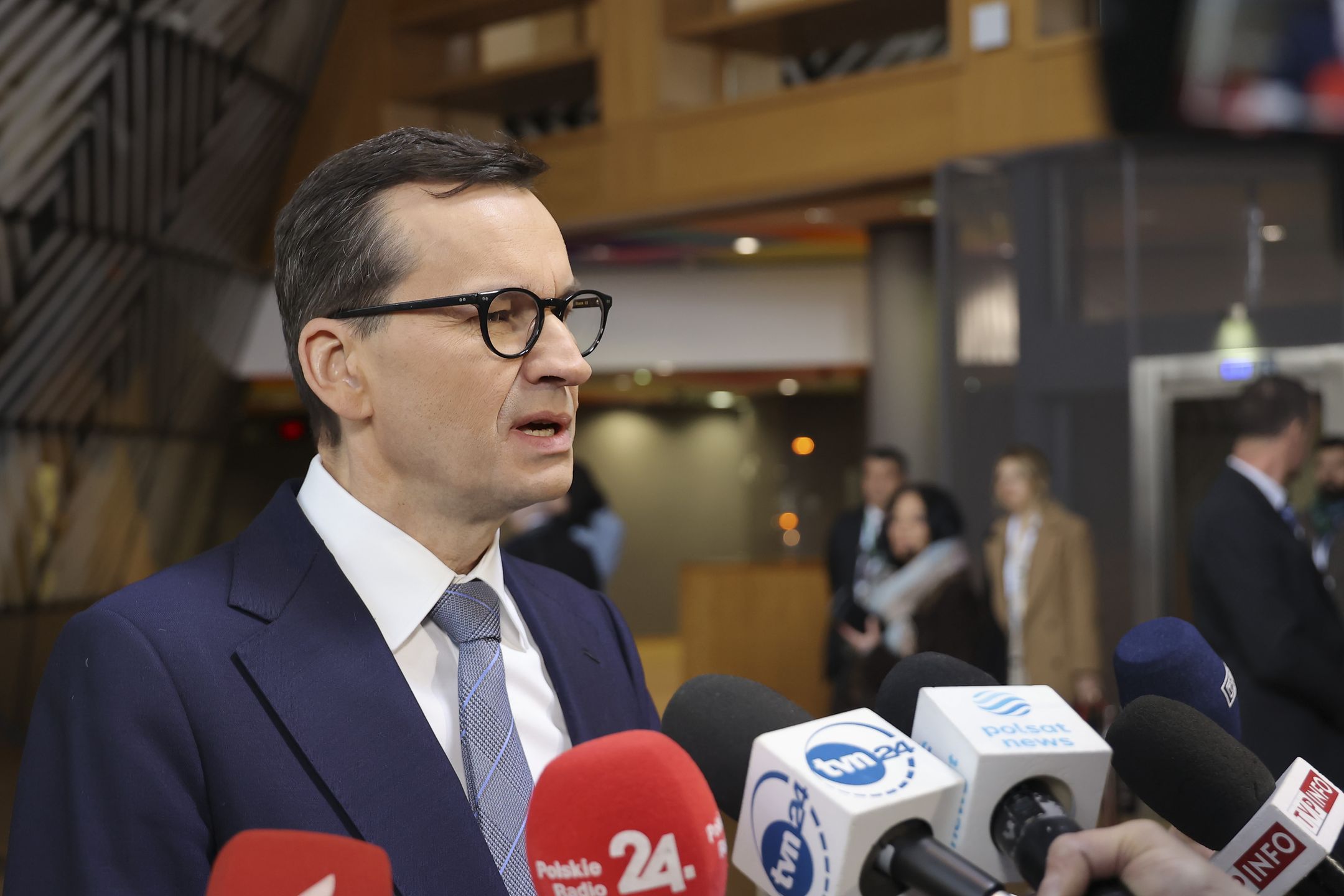 Prime Minister of Poland Mateusz Morawiecki arrives at the EUCO, the EU leaders summit, does a stand-up statement and talks to the media while answering questions from journalists and the press. European Council in Brussels in Belgium on 15 December 2022  (Photo by Nicolas Economou/NurPhoto via Getty Images)
