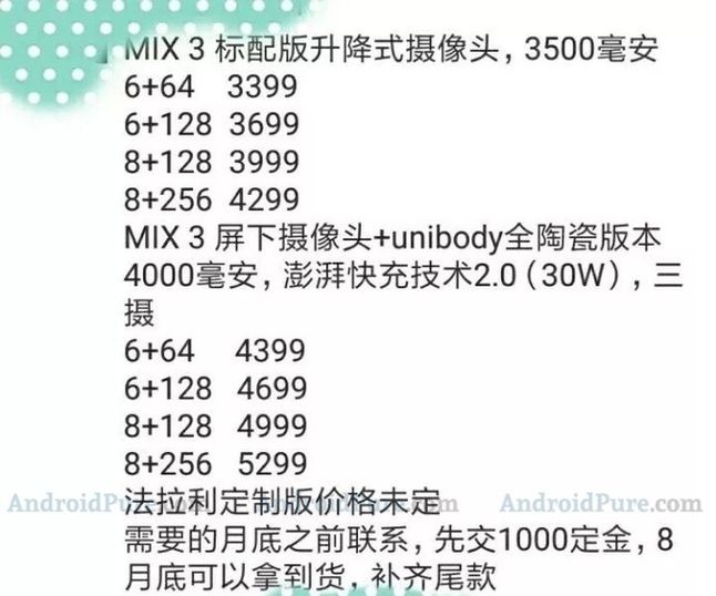Tak podobno mają prezentować się wersje pojemnościowe Xiaomi Mi MIX 3 i ich wyceny