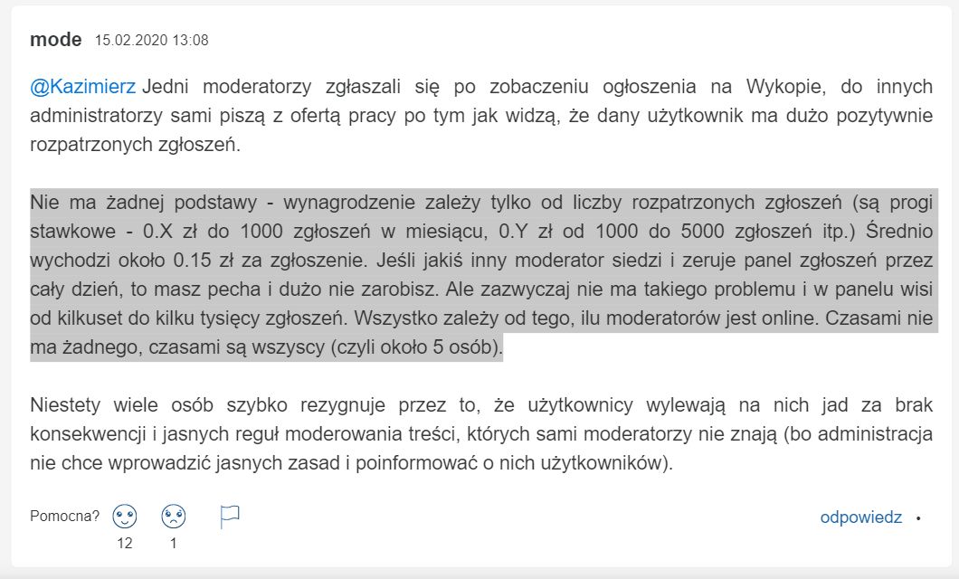Cenzura na Wykop.pl - informacje o zarobkach moderatorów i ich pracy na akord - gowork.pl