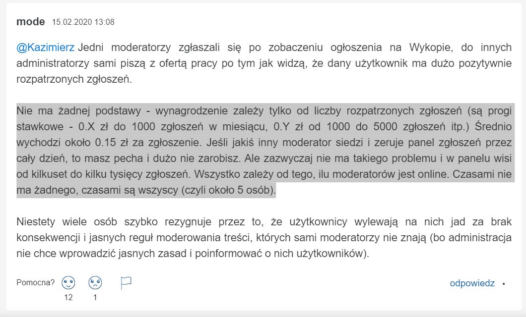 Cenzura na Wykop.pl - informacje o zarobkach moderatorów i ich pracy na akord