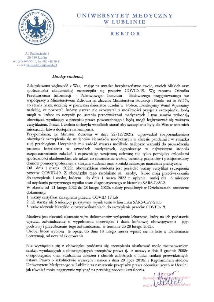Pismo rektora Uniwersytetu Medycznego w Lublinie do studentów