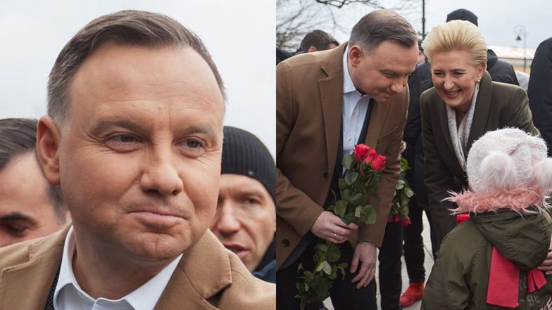 Szarmancki Andrzej Dudą rozdaje kwiaty na Krakowskim Przedmieściu z okazji Dnia Kobiet (ZDJĘCIA)