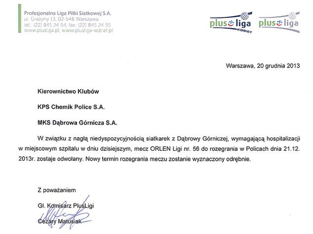 Decyzja o przełożeniu spotkania KPS Chemik Police - Tauron MKS Dąbrowa Górnicza / za: chemik-police.com