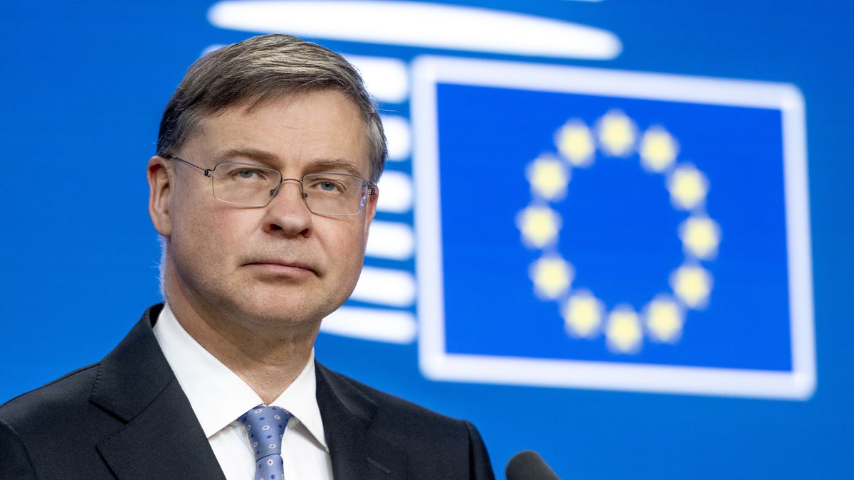 European Commissioner for Economy and Productivity, Implementation and Simplification, Valdis Dombrovskis, speaks during a press conference with Minister of Finance of Cyprus, Makis Kervanos, after the Economic and Financial Affairs Council (ECOFIN) meeting in Brussels, Belgium, on May 5, 2026. (Photo by Daniel Gnap/NurPhoto via Getty Images)
