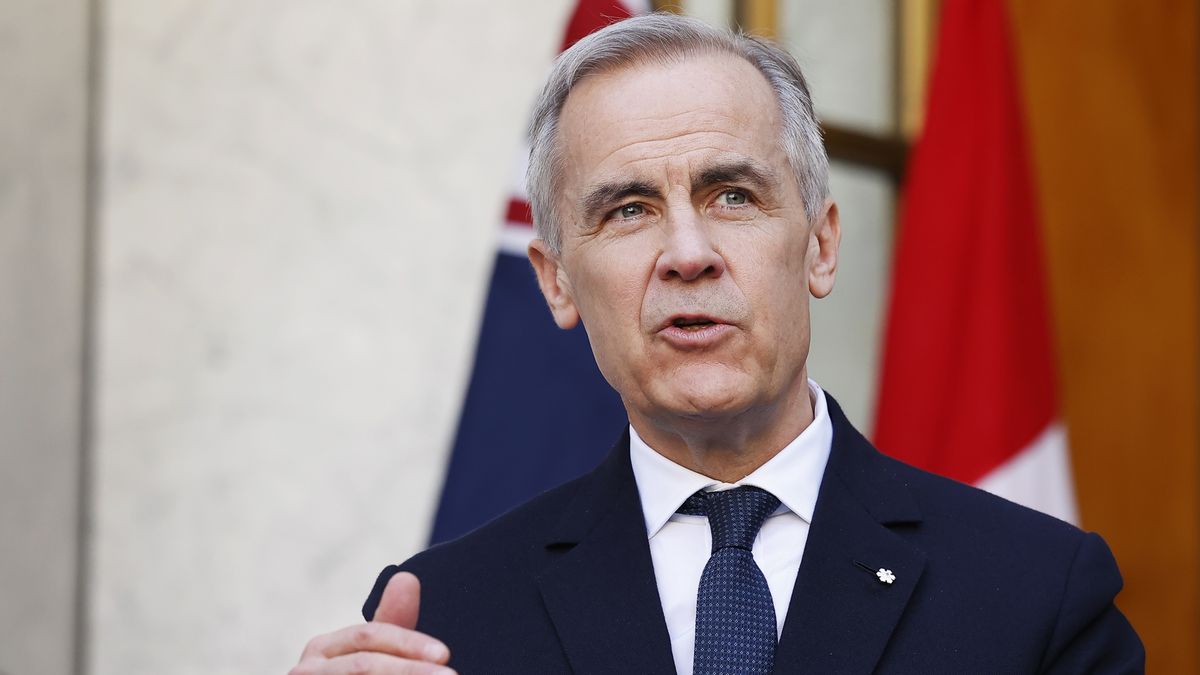 CANBERRA, AUSTRALIA - MARCH 05: Canadian Prime Minister Mark Carney speaks during a press conference with Australian Prime Minister Anthony Albanese at Parliament House on March 05, 2026 in Canberra, Australia. Carney is in Australia to discuss trade and other matters. (Photo by Hilary Wardhaugh/Getty Images)