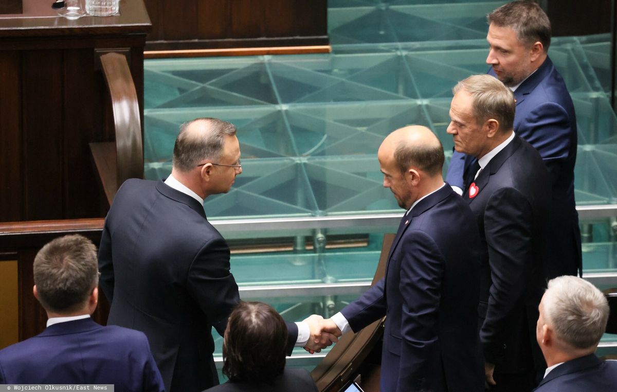 Prezydent Andrzej Duda, Borys Budka, Donald Tusk i Marcin Kierwiński podczas inauguracyjnego posiedzenia Sejmu X kadencji