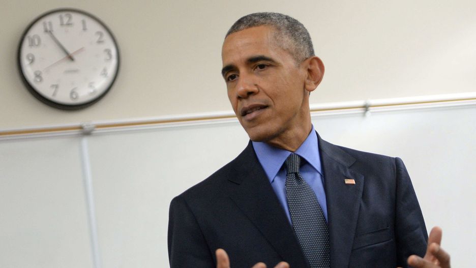 SAN BERNARDINO, CA - December 19: President Barack Obama makes a brief statement in a classroom at Indian Springs High School Friday evening December 18, 2015. The President and the First Lady met with family members of those killed during a mass shooting that left 14 dead at the Inland Regional Center in San Bernardino Dec. 2.(Photo by Will Lester/MediaNews Group/Inland Valley Daily Bulletin via Getty Images)