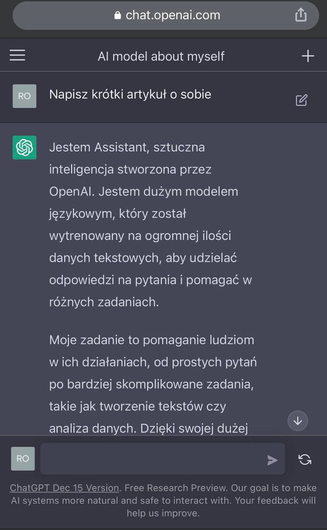 Odpowiedź ChatGPT na komendę "napisz krótki artykuł o sobie"
