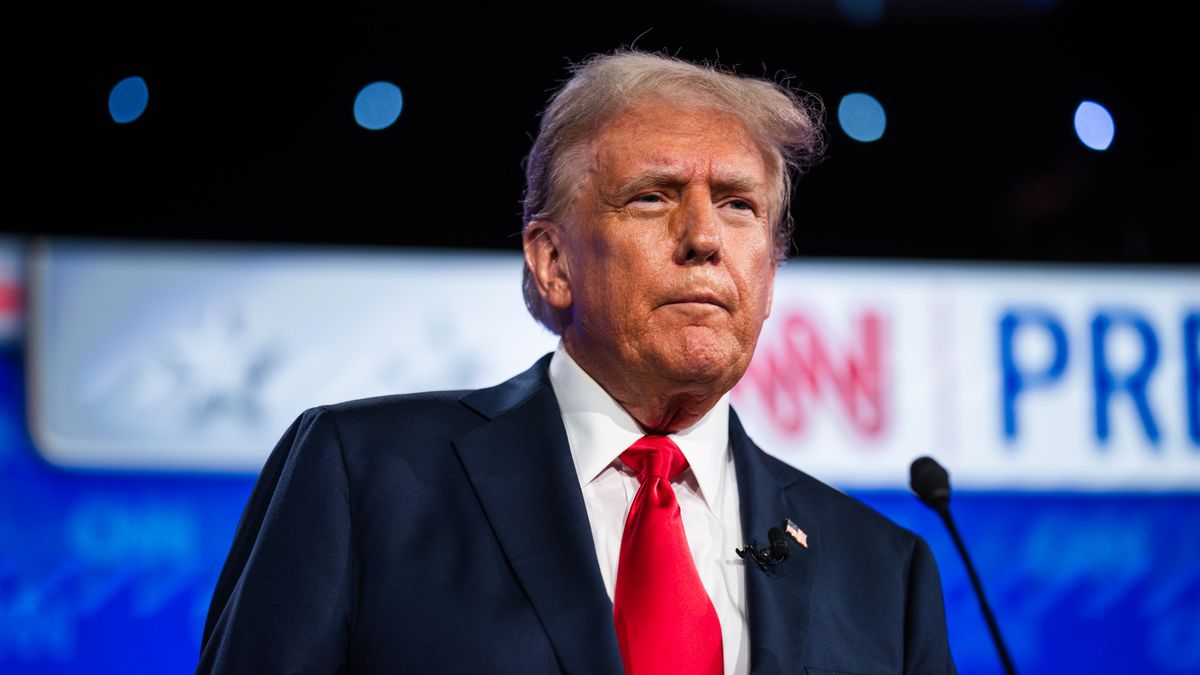 Atlanta, Georgia - June 27: Former president Donald Trump stands at his podium during the first presidential debate of the 2024 elections between himself and President Joe Biden, at CNN's studios in Atlanta, Ga on Thursday, June 27, 2024. 

(Photo by Kevin D. Liles for The Washington Post via Getty Images)