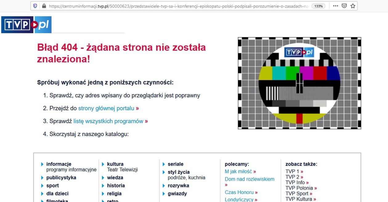 Komunikat zniknął ze strony TVP