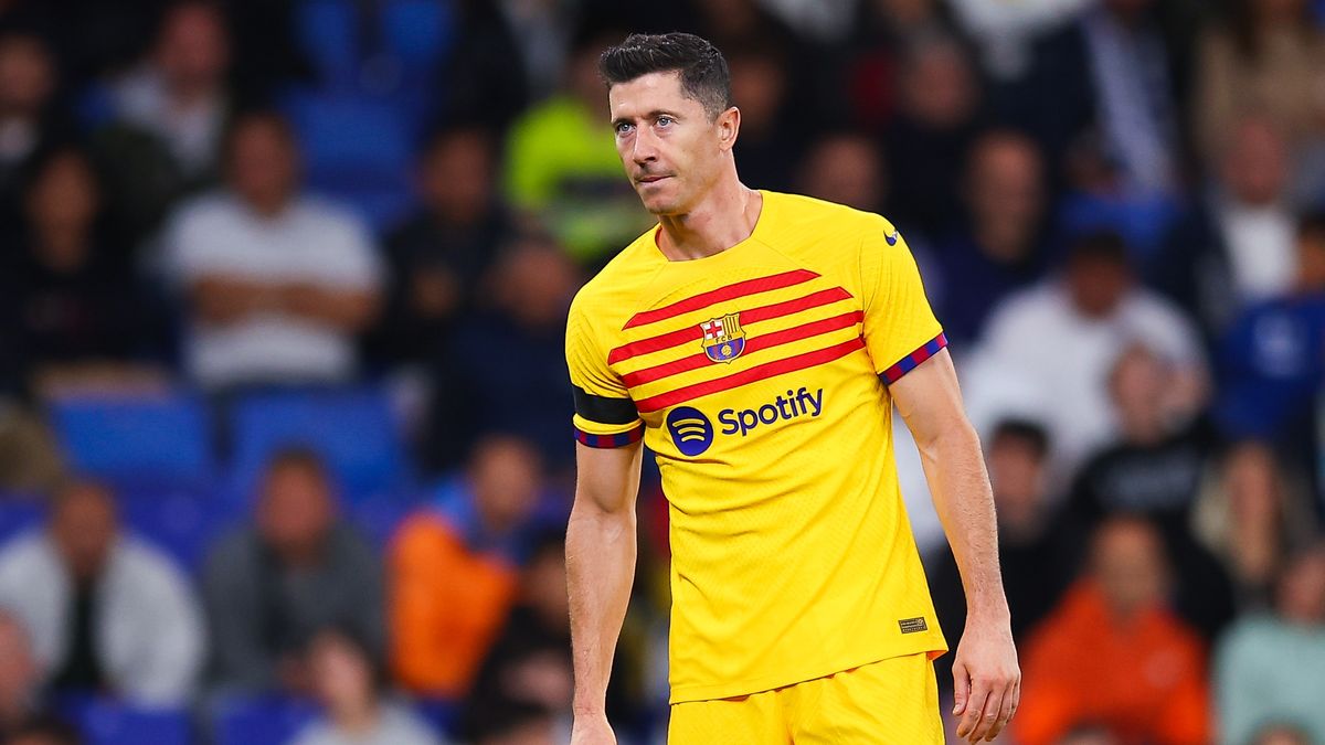 BARCELONA, SPAIN - MAY 14: Robert Lewandowski of FC Barcelona looks on during the LaLiga Santander match between RCD Espanyol and FC Barcelona at RCDE Stadium on May 14, 2023 in Barcelona, Spain. (Photo by Eric Alonso/Getty Images)