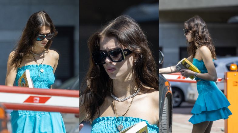 Roksana Węgiel mknie do samochodu z nietęgą miną w okularach za 1500 złotych