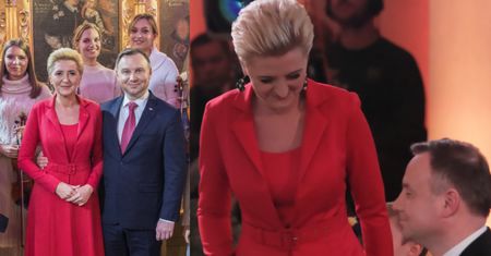 Świąteczna Agata Duda w czerwieni kolęduje z małżonkiem (FOTO)
