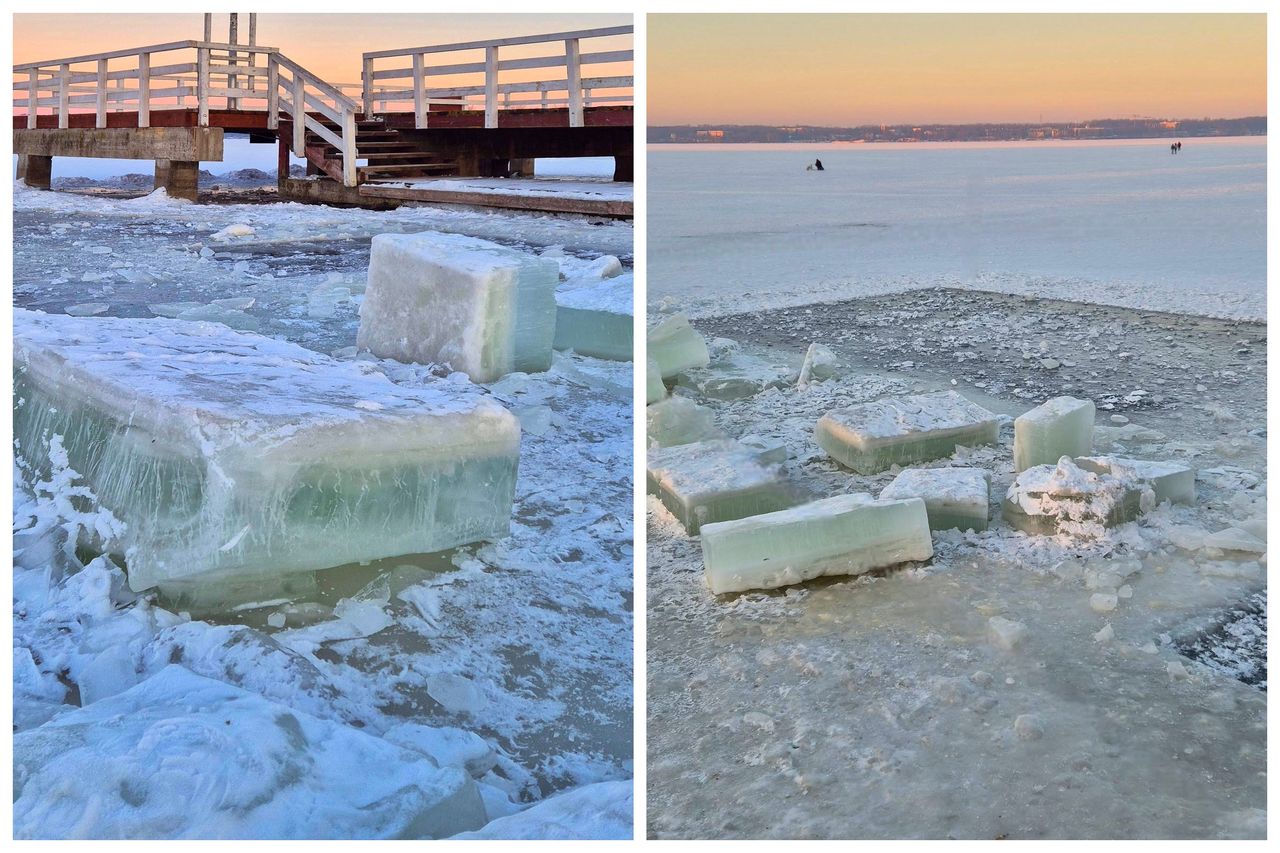 Lodowe klocki nad brzegiem. Zimowy krajobraz Zegrza