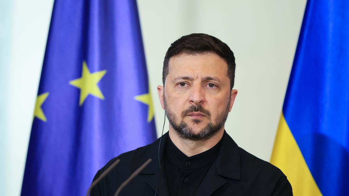 Volodymyr Zelenskiy, Ukraine's president, during a news conference with Friedrich Merz, Germany's chancellor, at the Chancellery in Berlin, Germany, on Wednesday, May 28, 2025. Zelenskiy called on western allies to provide about $30 billion by the end of the year to boost domestic weapons production and hold off Russia's advance. Photographer: Krisztian Bocsi/Bloomberg via Getty Images