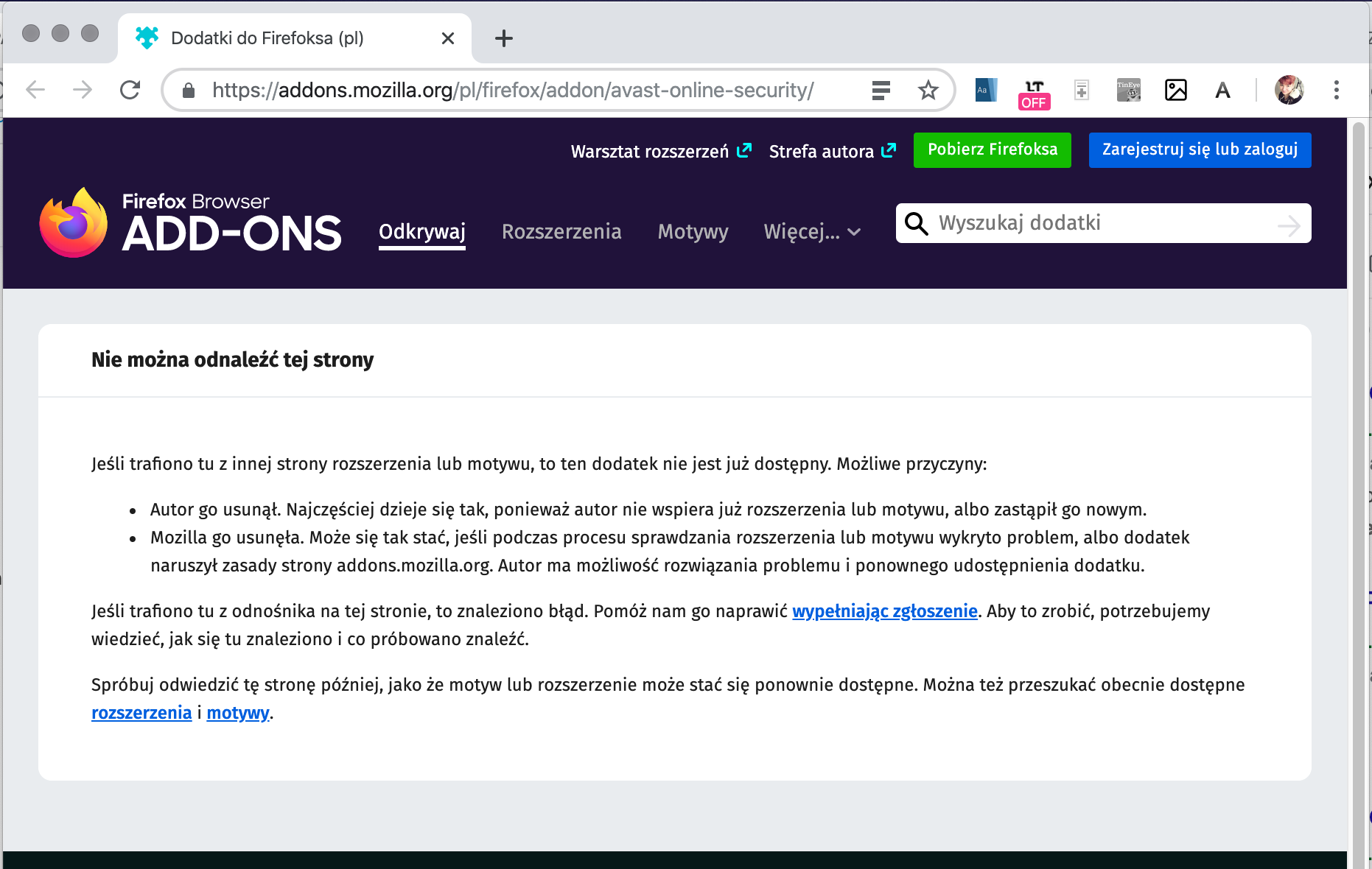 Tu znajdowało się rozszerzenie Avast Online Security dla Firefoxa