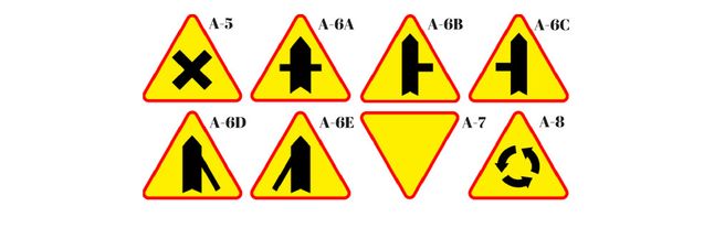 Skrzyżowanie dróg (A-5); Skrzyżowanie z drogą podporządkowaną występującą po obu stronach (A-6A); Skrzyżowanie z drogą podporządkowaną występującą po prawej stronie (A-6B); Skrzyżowanie z drogą podporządkowaną występującą po lewej stronie (A-6C); Wlot drogi jednokierunkowej z prawej strony (A-6D); Wlot drogi jednokierunkowej z lewej strony (A-6E); Ustąp pierwszeństwa (A-7); Skrzyżowanie o ruchu okrężnym (A-8).