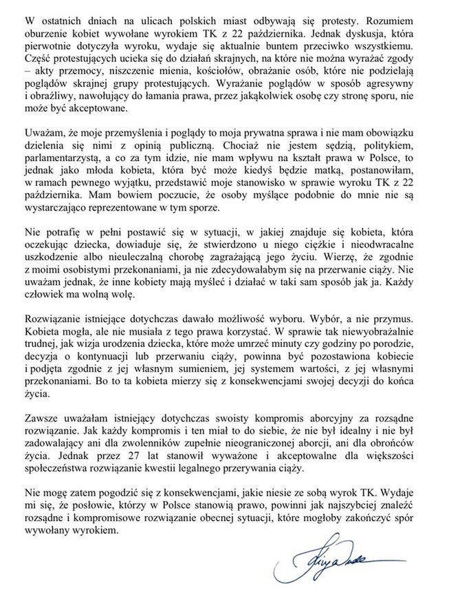 List Kingi Dudy w sprawie orzeczenia TK