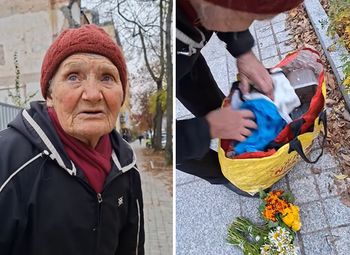 Seniorka sprzedaje orzechy i kwiaty na ulicy. "Nikt nic nie kupił"