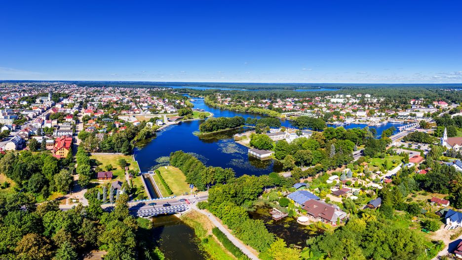 augustów, city, aerial, drone, summer, river, canal, poland, podlasie, landscape, sky, blue